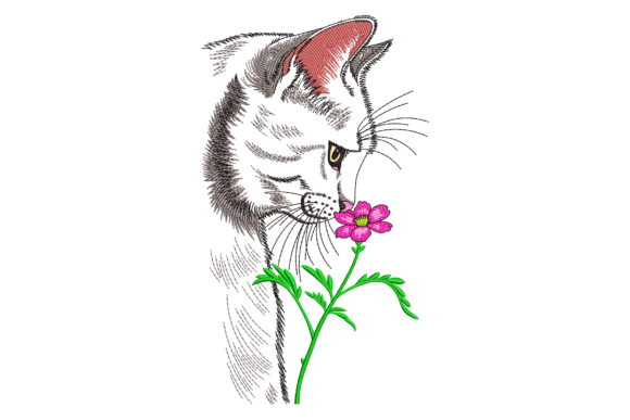 Cat with Flower Embroidery Design